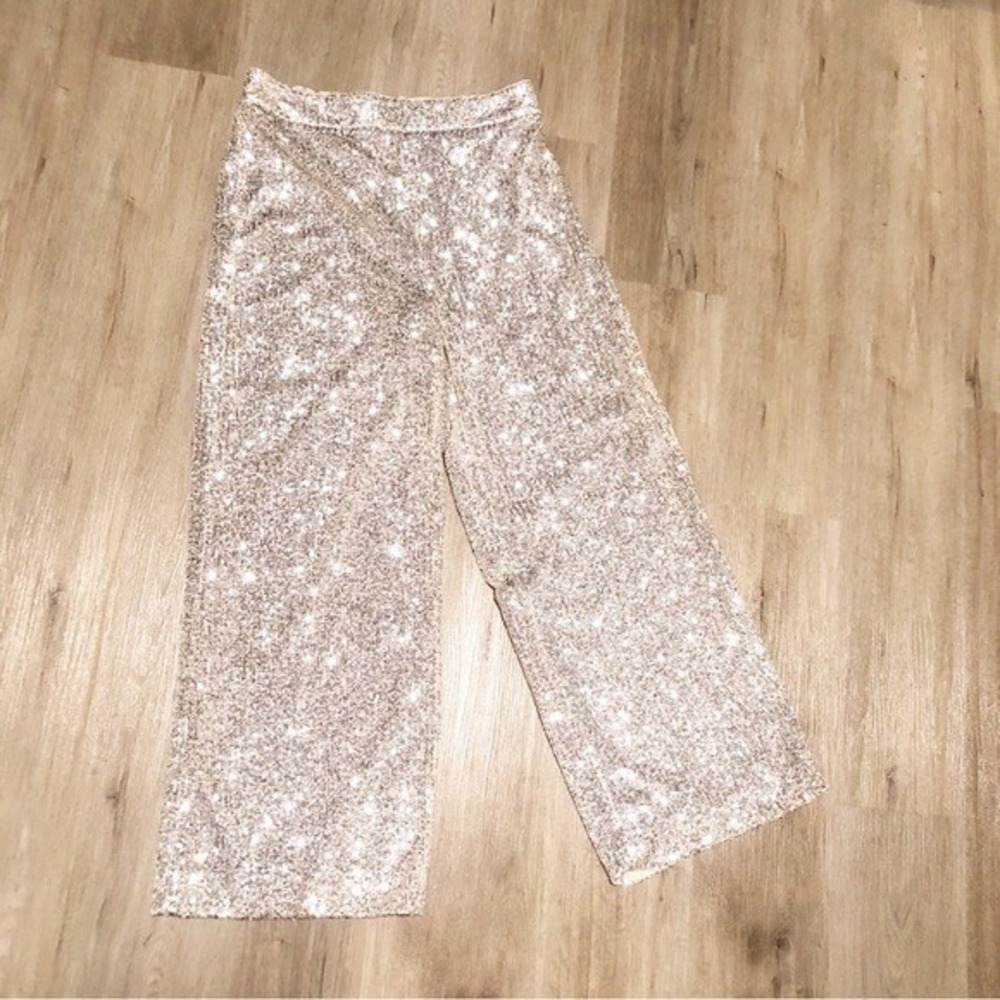 Banana‎ Republic Silver Sequin Wide Leg Pants High Rise Party  | Size Large